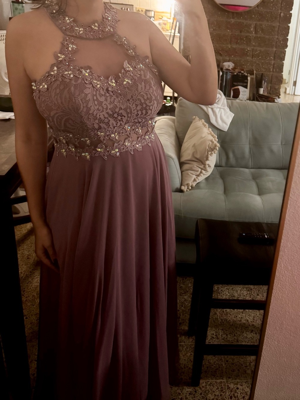 Embellished Lace Halter Evening Dress in Dusty Mauve